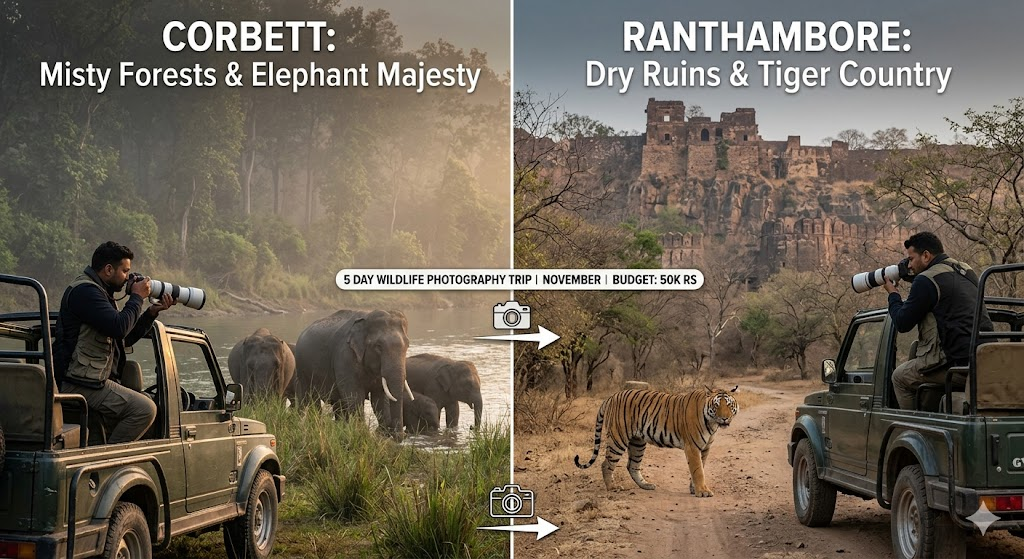 Compare Corbett and Ranthambore for a 5 Day Wildlife Photography Trip in November on a 50k Budget